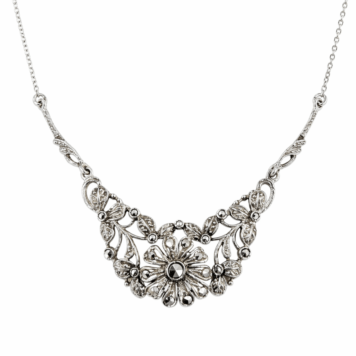 Halsband blomma i silver med markasiter - Smyckesbanken